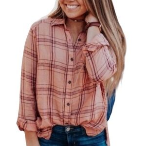 NWOT Free‎ People No Limits Peach Maroon Oversized Plaid Top S